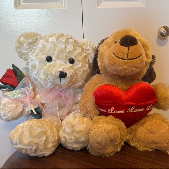 Valentine Plush Set Bear with Rose + Puppy with I Love You Heart 10” Seated - Picture 1 of 4